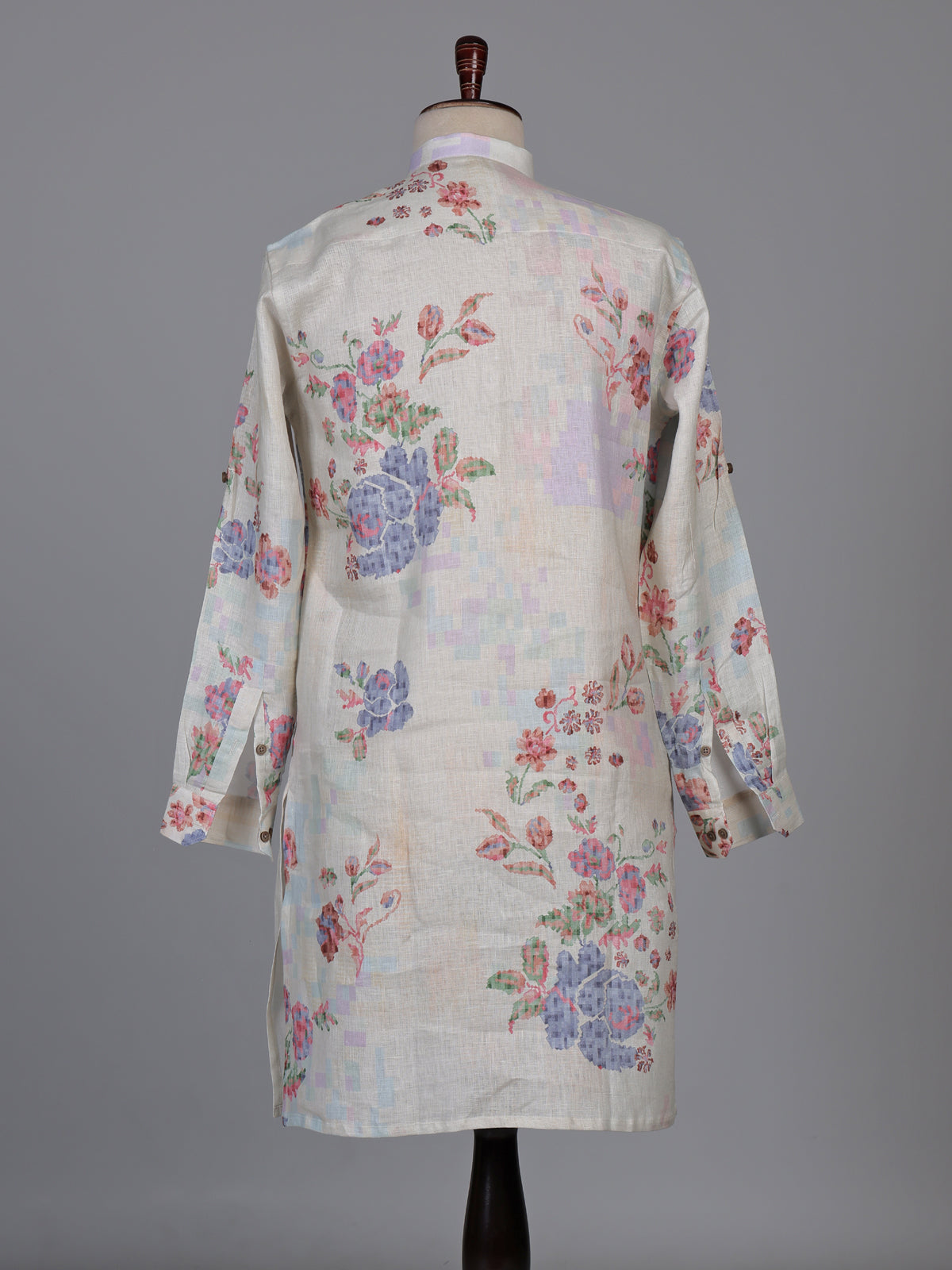 Off white floral printed linen kurta with mandarin collar