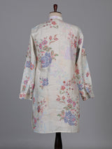 Off white floral printed linen kurta with mandarin collar