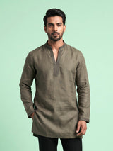 Mehendi green linen short kurta with mandarin collar