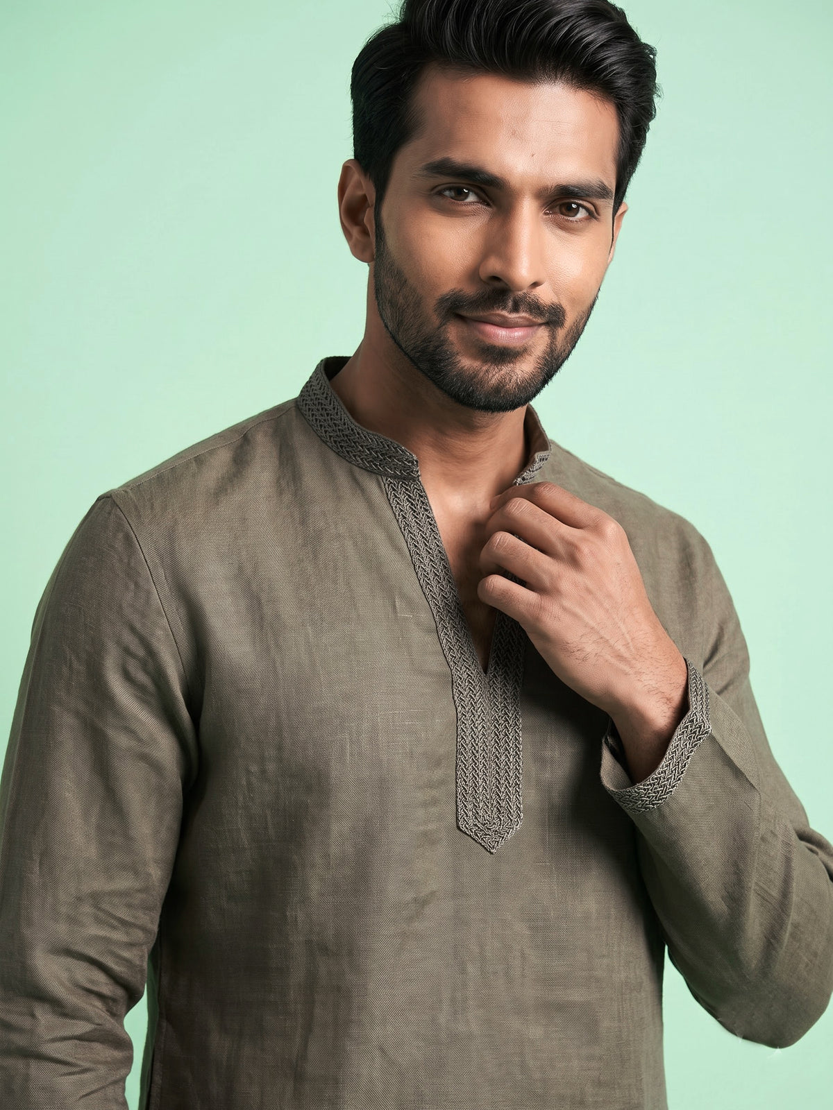 Mehendi green linen short kurta with mandarin collar