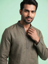 Mehendi green linen short kurta with mandarin collar