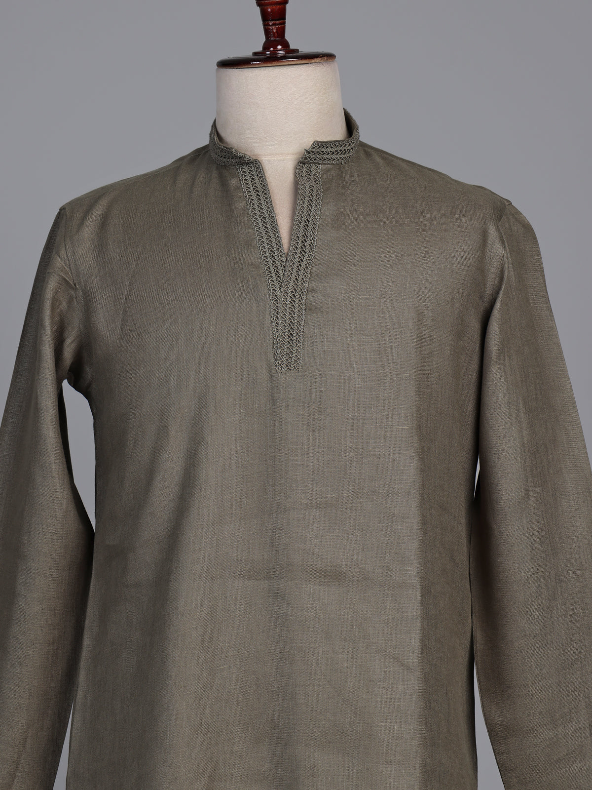 Mehendi green linen short kurta with mandarin collar