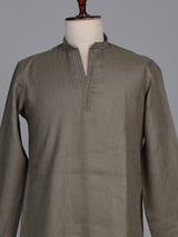Mehendi green linen short kurta with mandarin collar