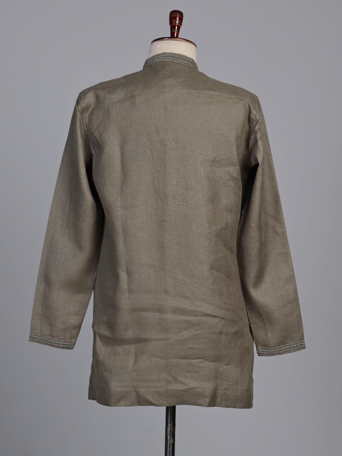 Mehendi green linen short kurta with mandarin collar