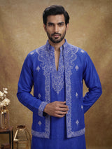 Blue embroidered jute waistcoat set