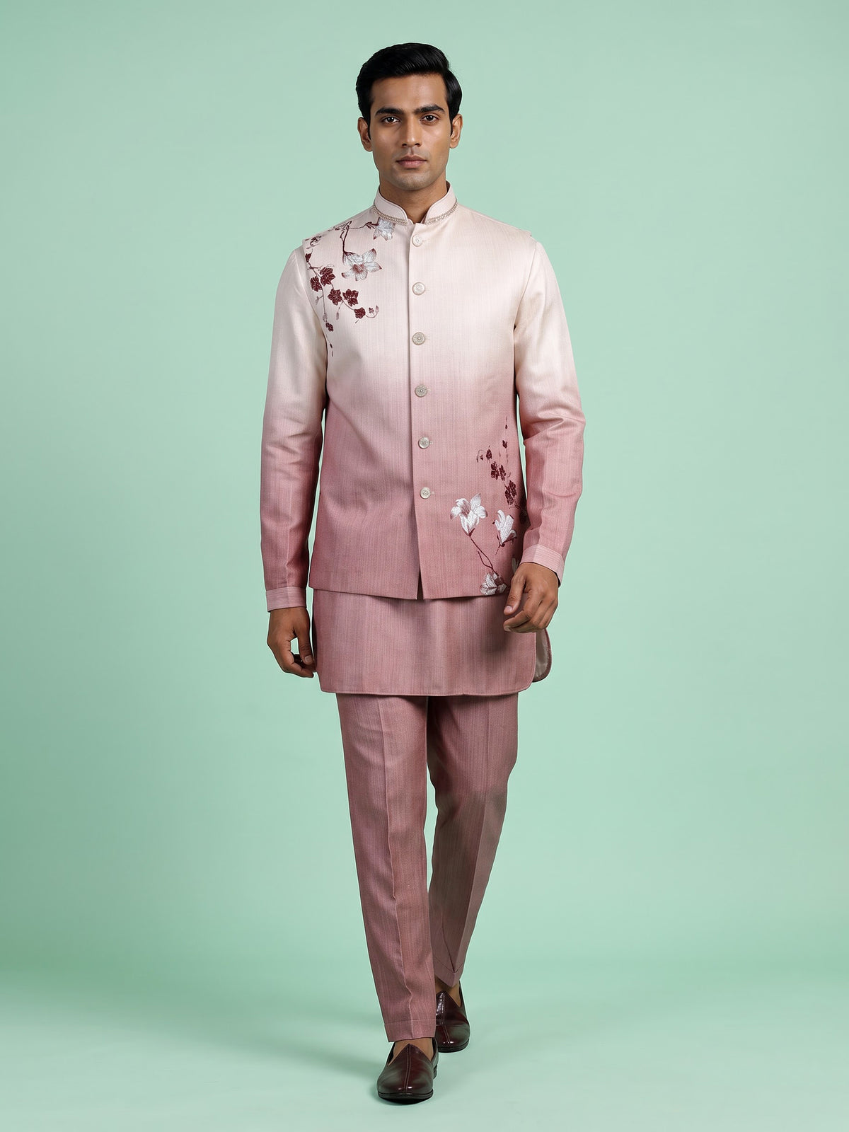 Onion pink ombre floral print silk waistcoat set
