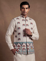 Beige royal elephant procession printed waistcoat set