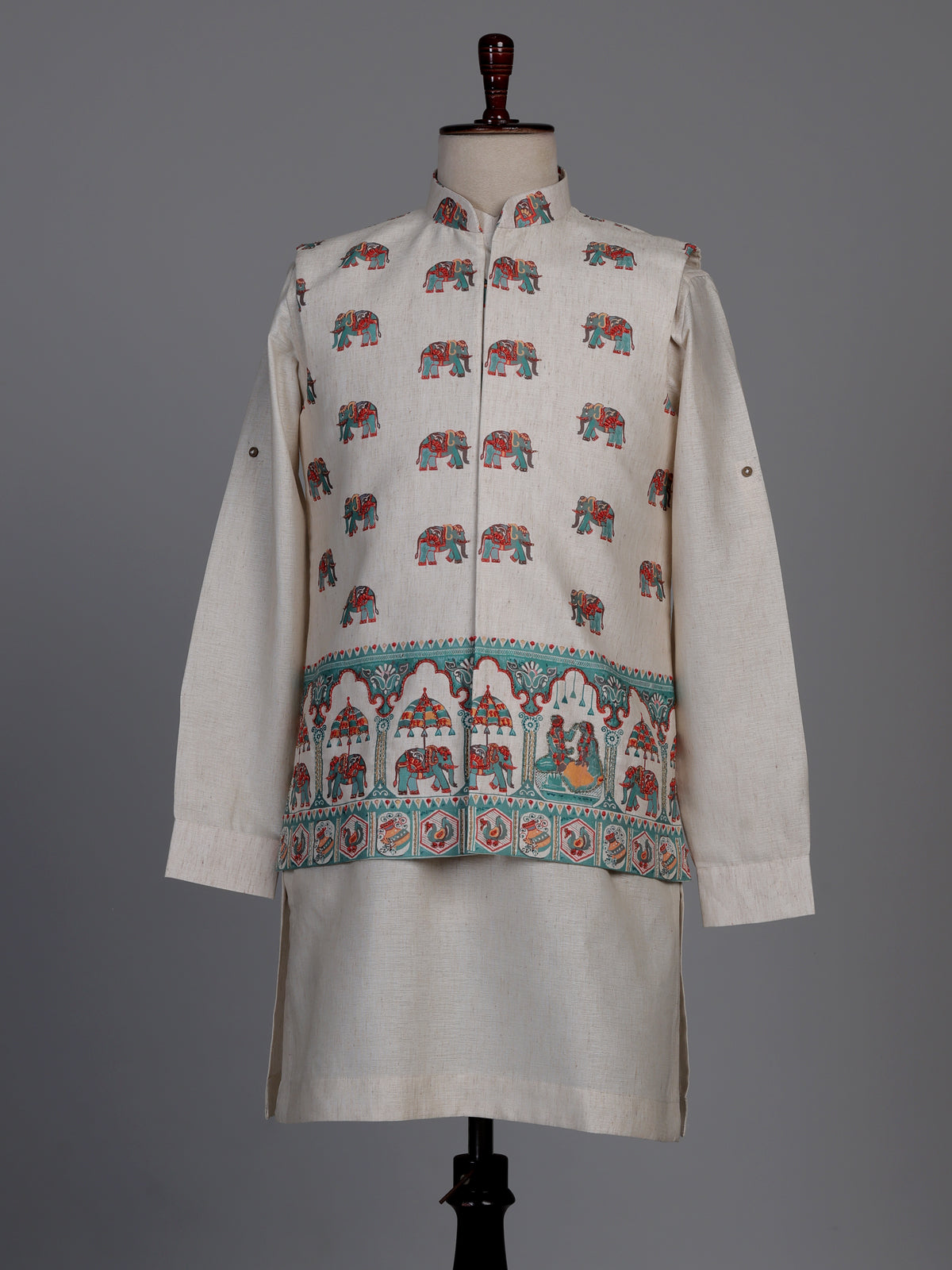 Beige royal elephant procession printed waistcoat set