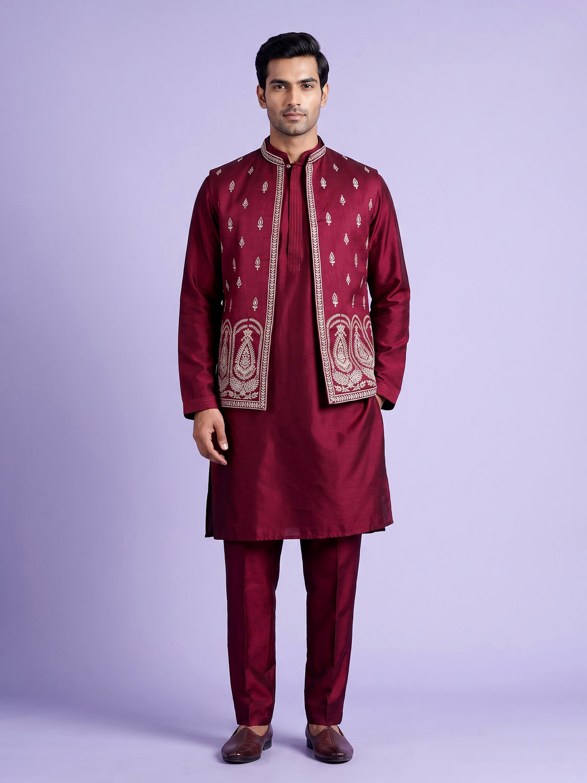Maroon Kashmiri paisley embroidered Nehru waistcoat set