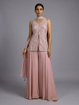 Peach organza and crepe embellished palazzo suit