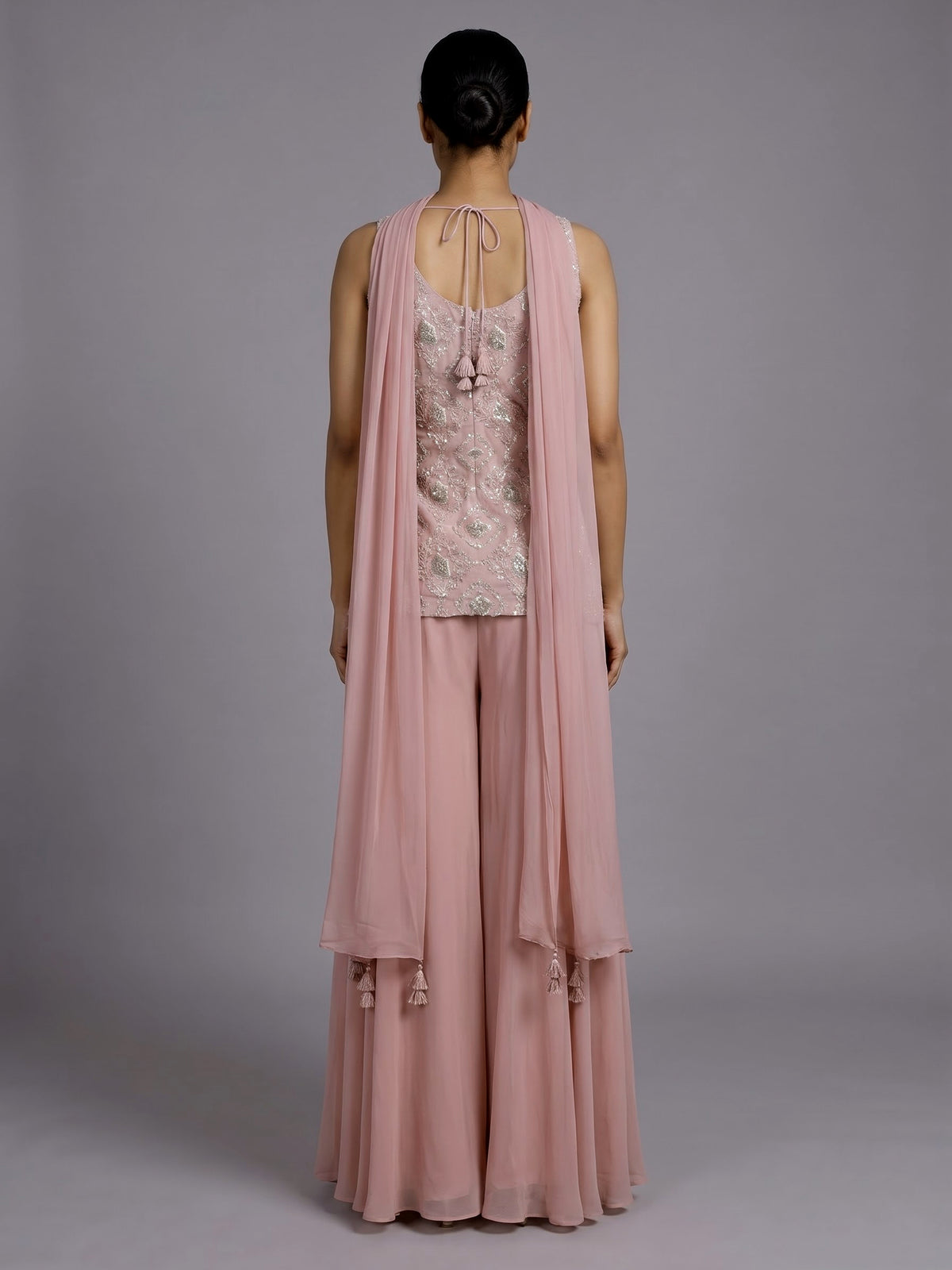 Peach organza and crepe embellished palazzo suit
