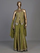 Regal mehendi green silk palazzo suit with zardosi detailing