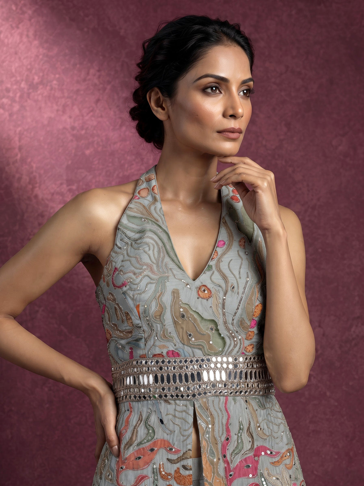 Elegant dusty mint blue anarkali suit with mirror embellishments