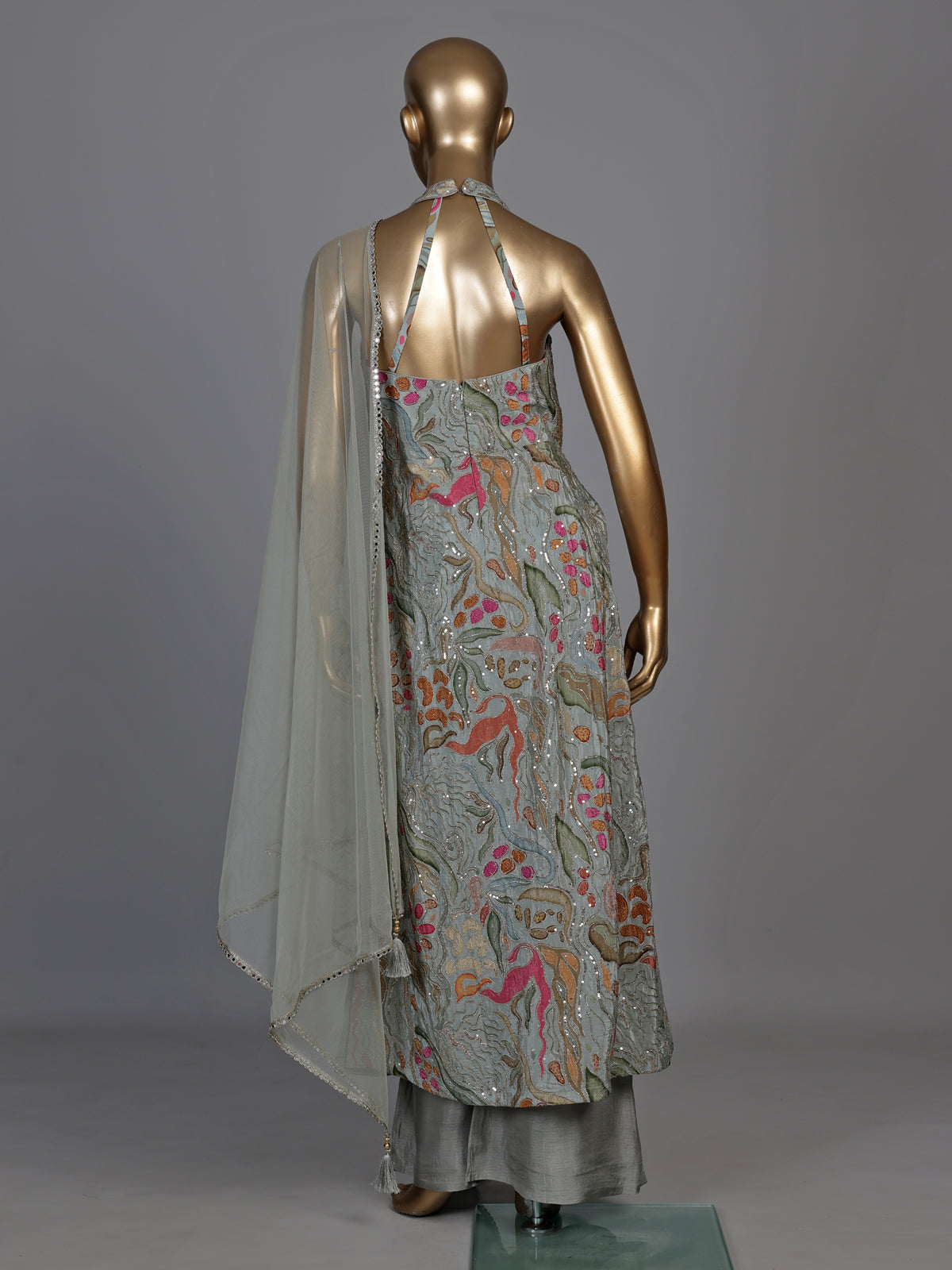 Elegant dusty mint blue anarkali suit with mirror embellishments