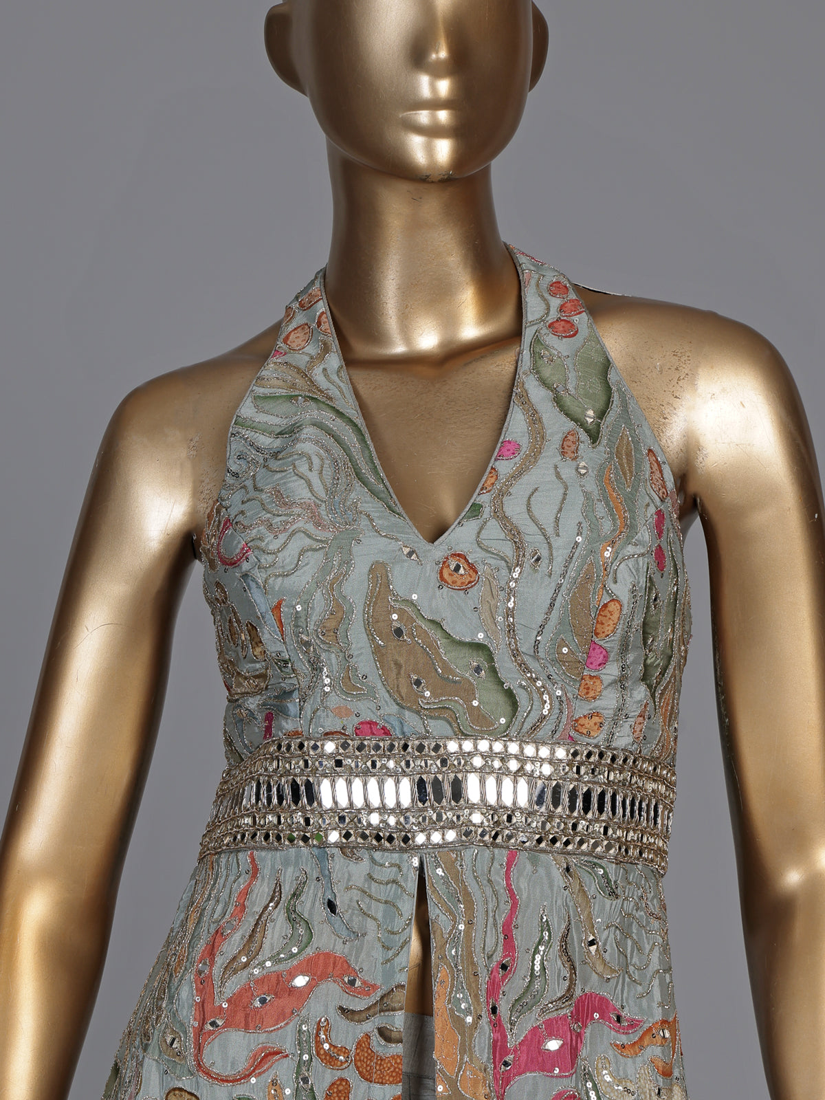 Elegant dusty mint blue anarkali suit with mirror embellishments