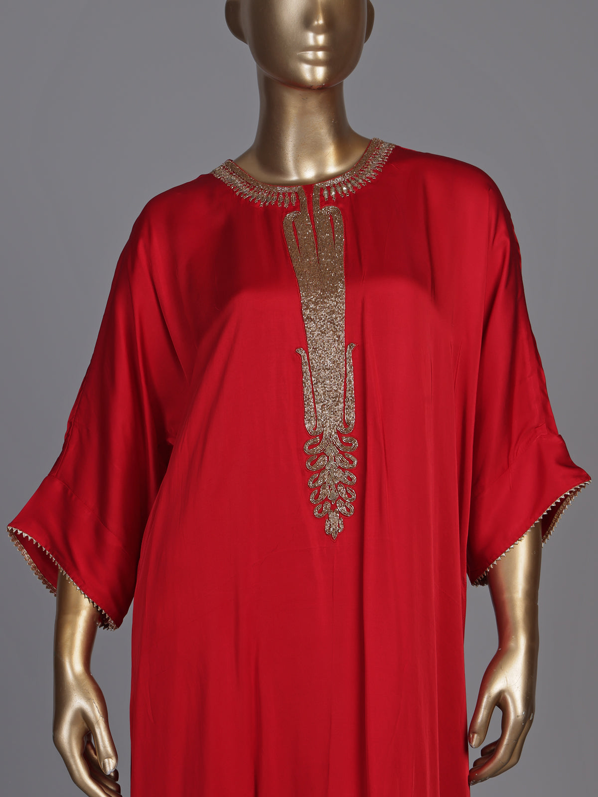 Vibrant red modal satin kurti set with cutdana detailing
