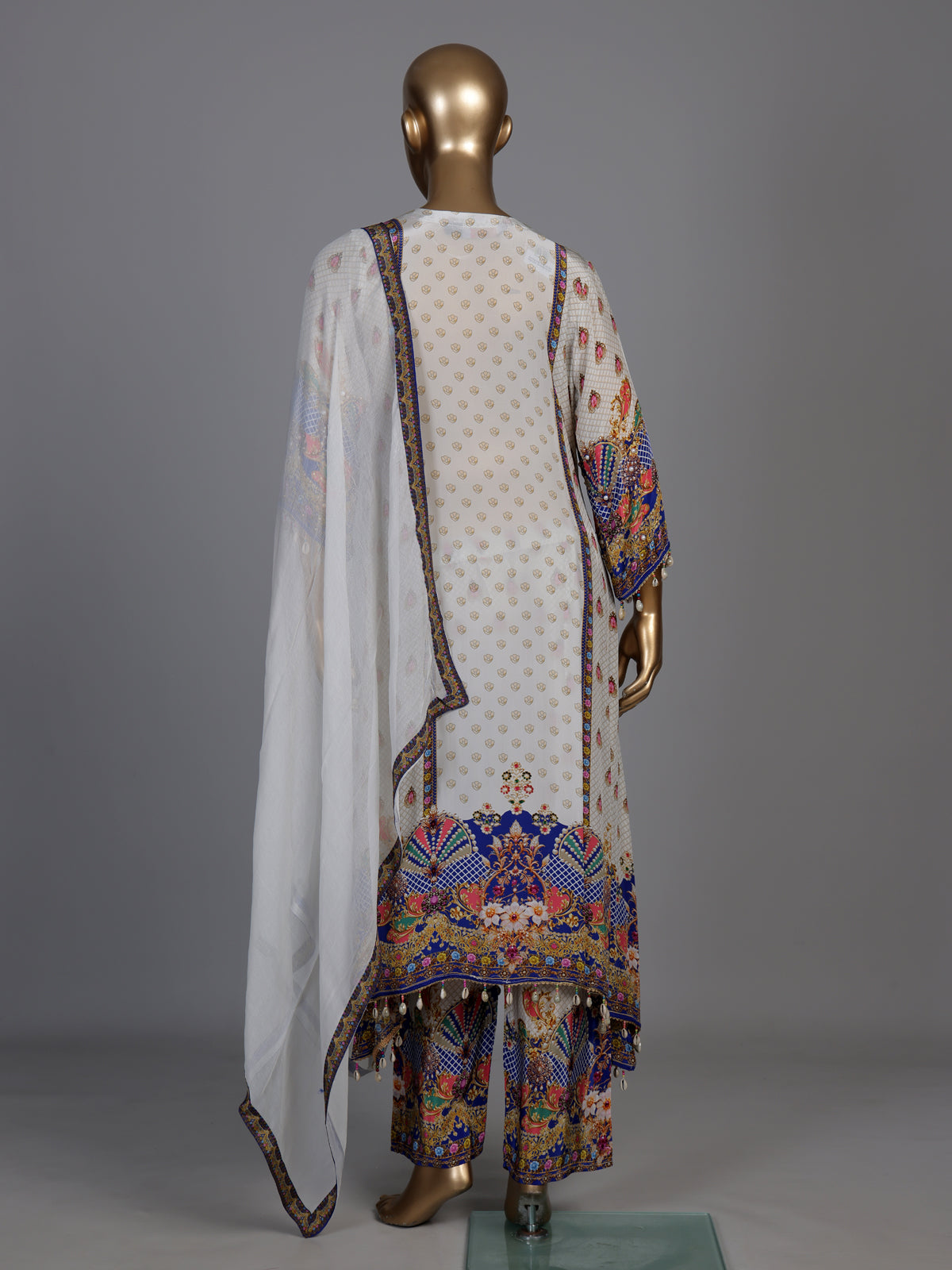 Elegant off-white pure crepe kurti set with zardosi embellishments