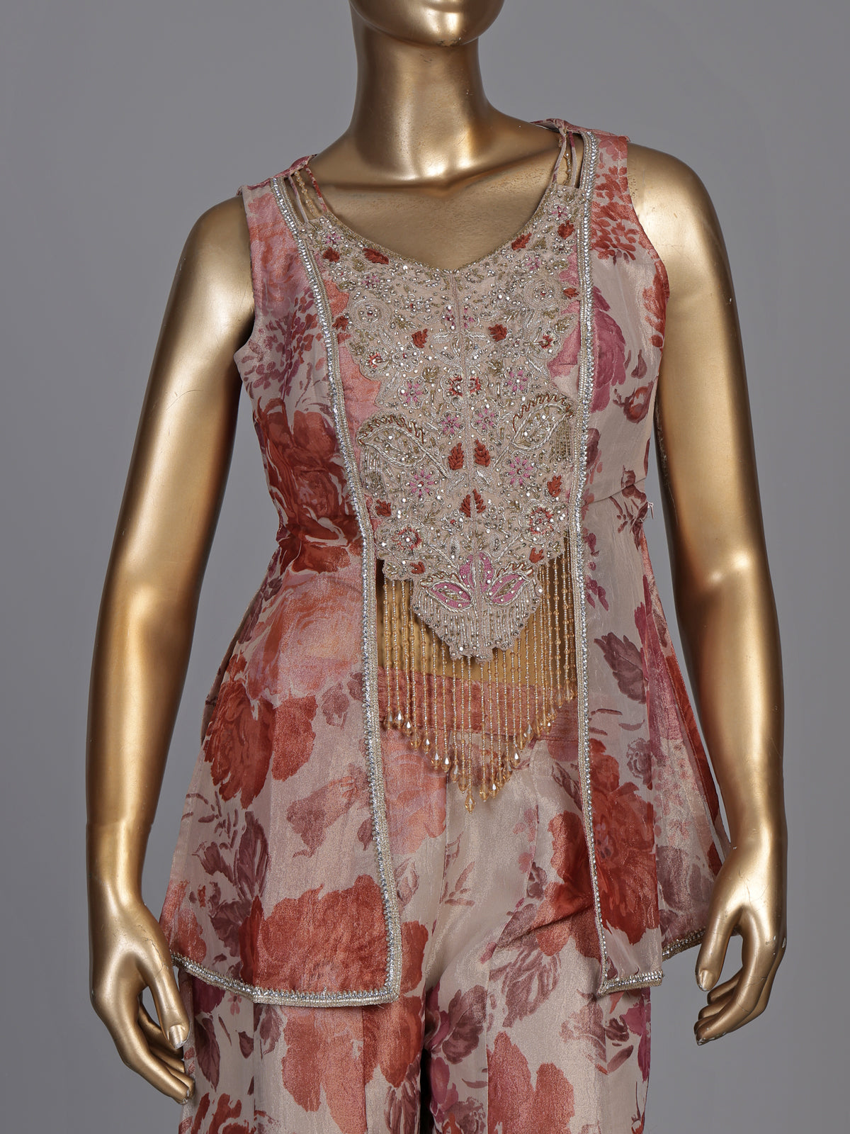 Onion pink floral jacquard palazzo suit with zardosi embellishments