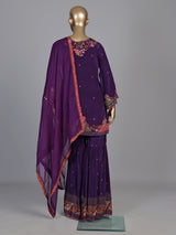 Dark purple satin crepe sharara suit with embellished yoke