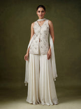 Cream organza and crepe embellished palazzo suit