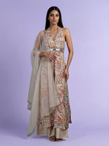 Beige chiffon and raw silk printed anarkali suit