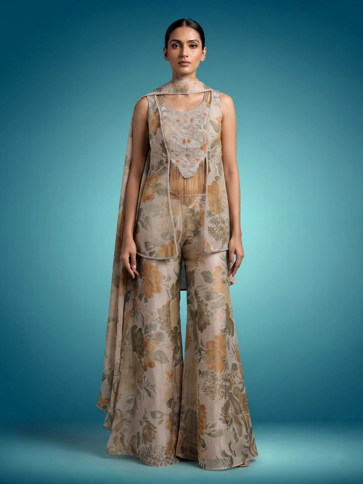 Light grey floral tissue silk palazzo suit with mustard print