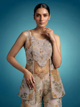 Light grey floral tissue silk palazzo suit with mustard print