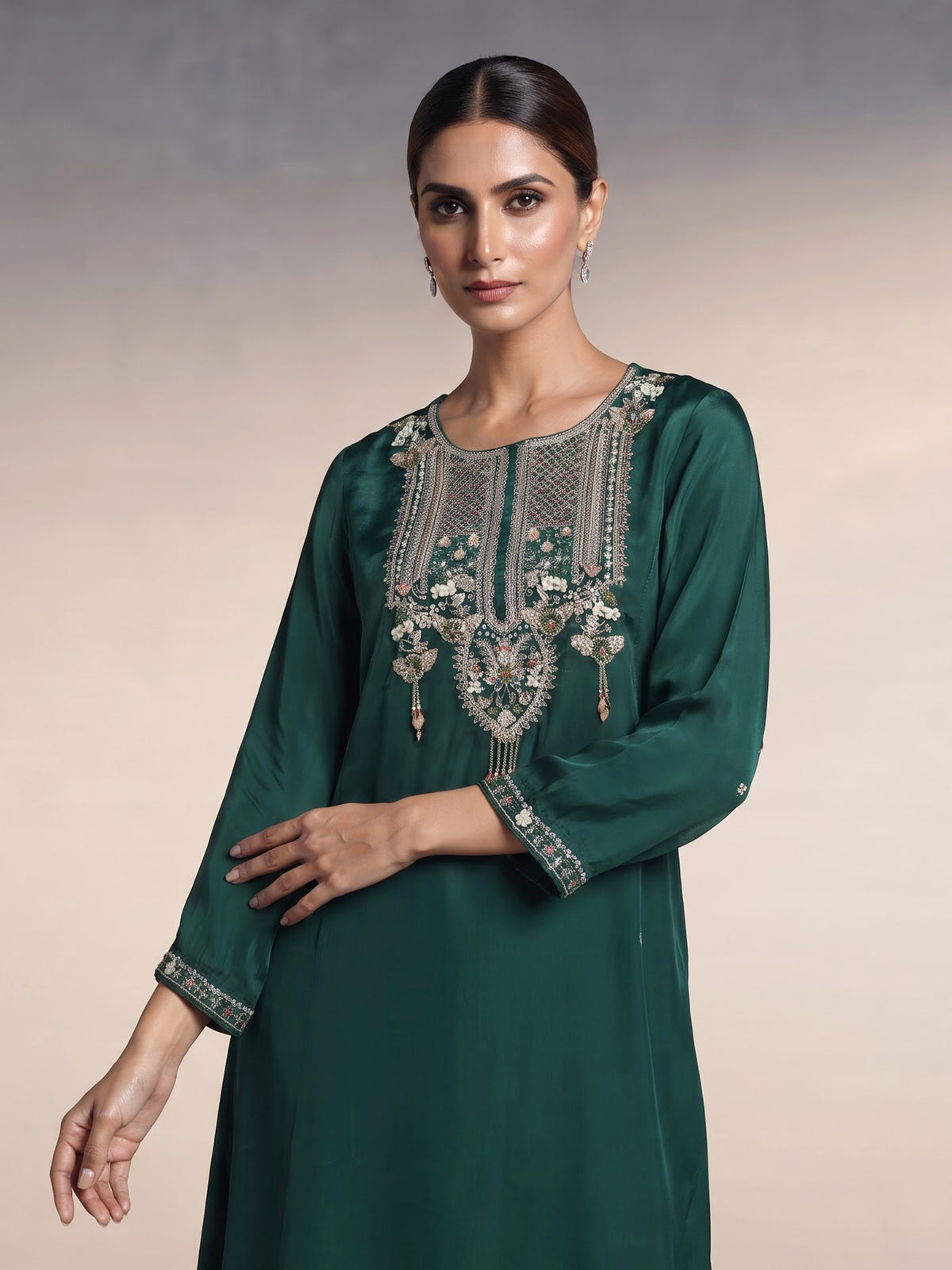 Bottle green satin silk palazzo suit with zardosi tassel work