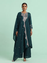 Bottle green chanderi silk anarkali suit with embellished sweetheart neckline