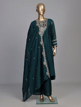 Bottle green chanderi silk anarkali suit with embellished sweetheart neckline