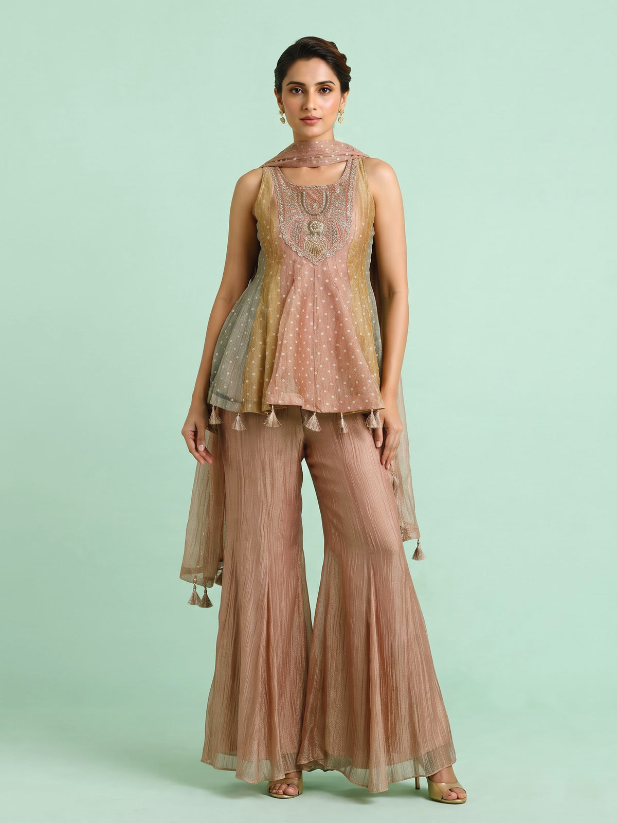 Peach dual-tone lurex tissue suit with zardosi embellished palazzo