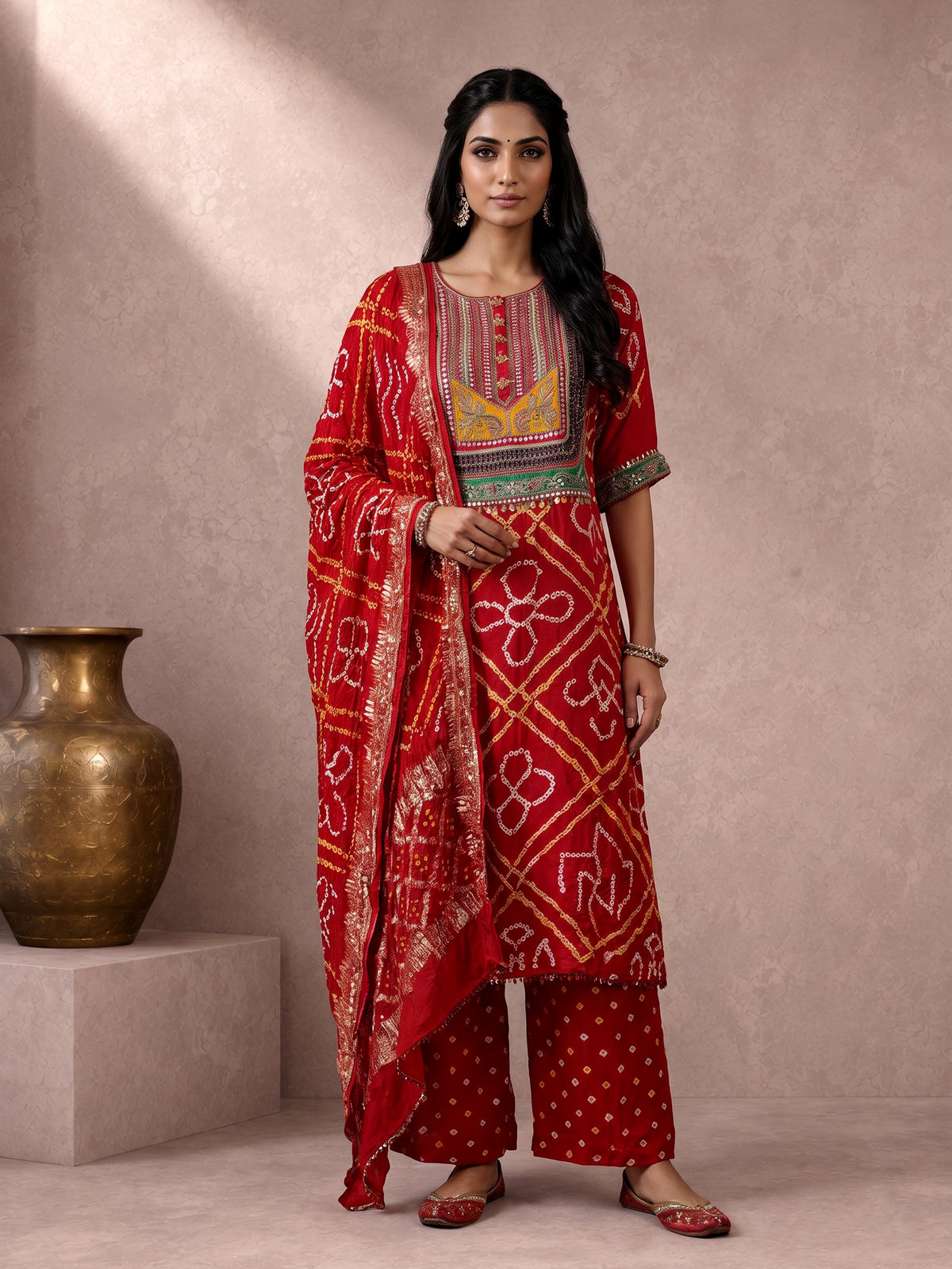 Red pure silk bandhani palazzo suit with zardosi and gota work