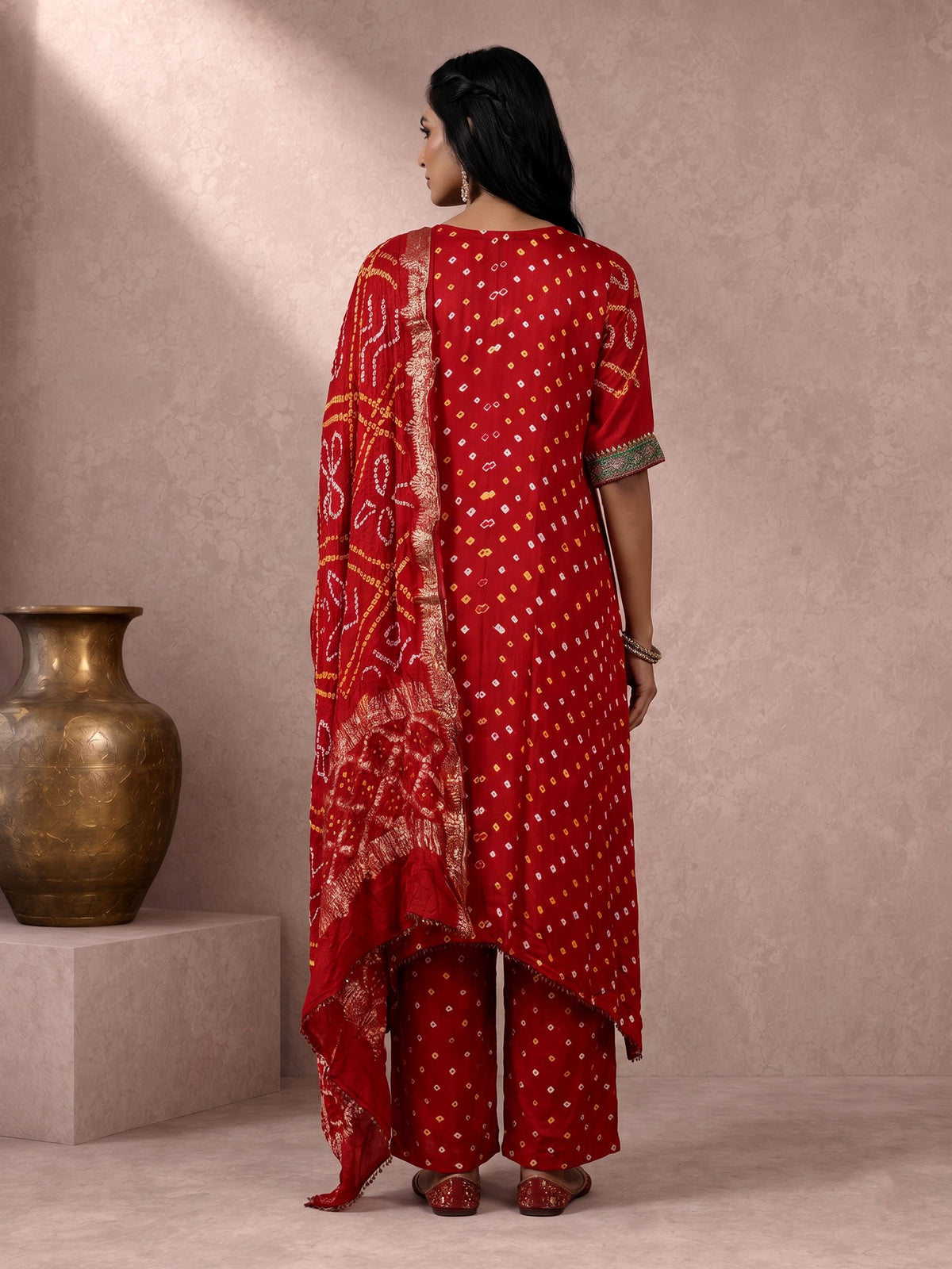 Red pure silk bandhani palazzo suit with zardosi and gota work