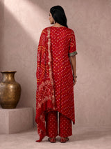 Red pure silk bandhani palazzo suit with zardosi and gota work