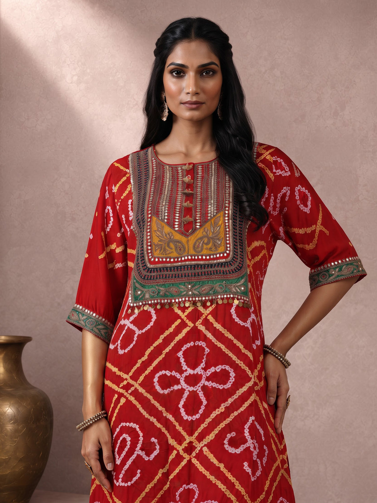 Red pure silk bandhani palazzo suit with zardosi and gota work