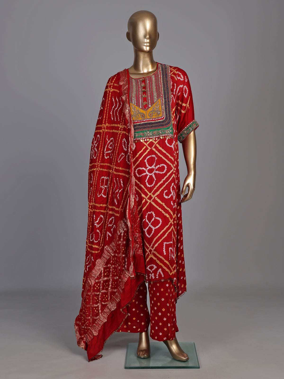 Red pure silk bandhani palazzo suit with zardosi and gota work