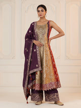 Multicolour banarasi jacquard anarkali suit with palazzo and dupatta
