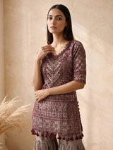 Elegant grey pakistani sharara suit with maroon embroidery and dupatta