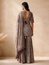 Elegant grey pakistani sharara suit with maroon embroidery and dupatta