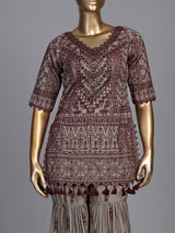 Elegant grey pakistani sharara suit with maroon embroidery and dupatta