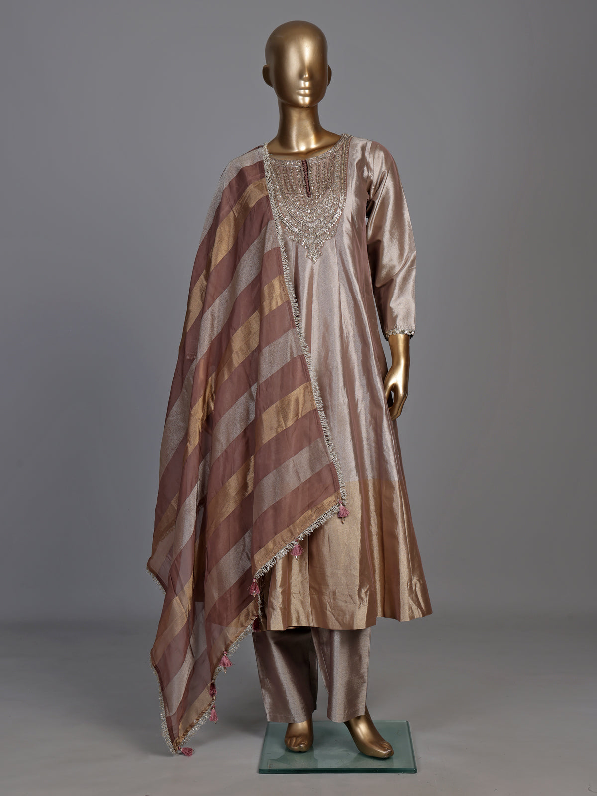 Pastel onion pink silk anarkali suit with intricate zardosi work