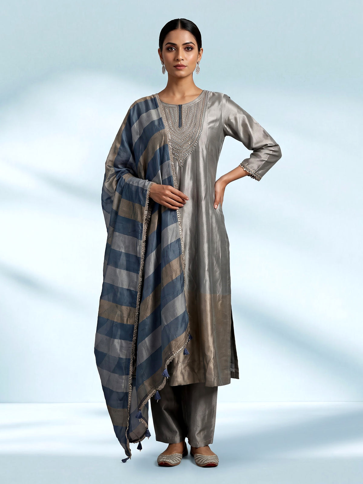 Elegant silver silk anarkali suit with zardosi embellished yoke
