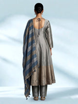 Elegant silver silk anarkali suit with zardosi embellished yoke