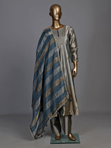 Elegant silver silk anarkali suit with zardosi embellished yoke