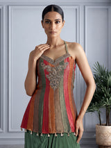 Green brocade silk indo-western suit with embellished top and dupatta