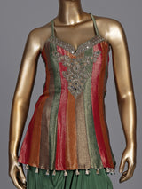 Green brocade silk indo-western suit with embellished top and dupatta