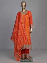 Rust orange modal silk anarkali suit with embroidered neckline