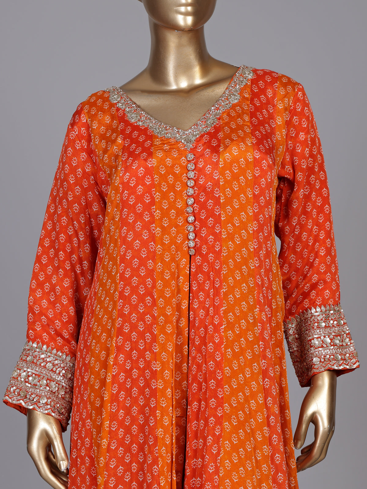 Rust orange modal silk anarkali suit with embroidered neckline