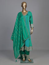 Green modal silk printed anarkali suit with diamond and zardosi work