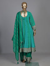 Green modal silk printed anarkali suit with diamond and zardosi work